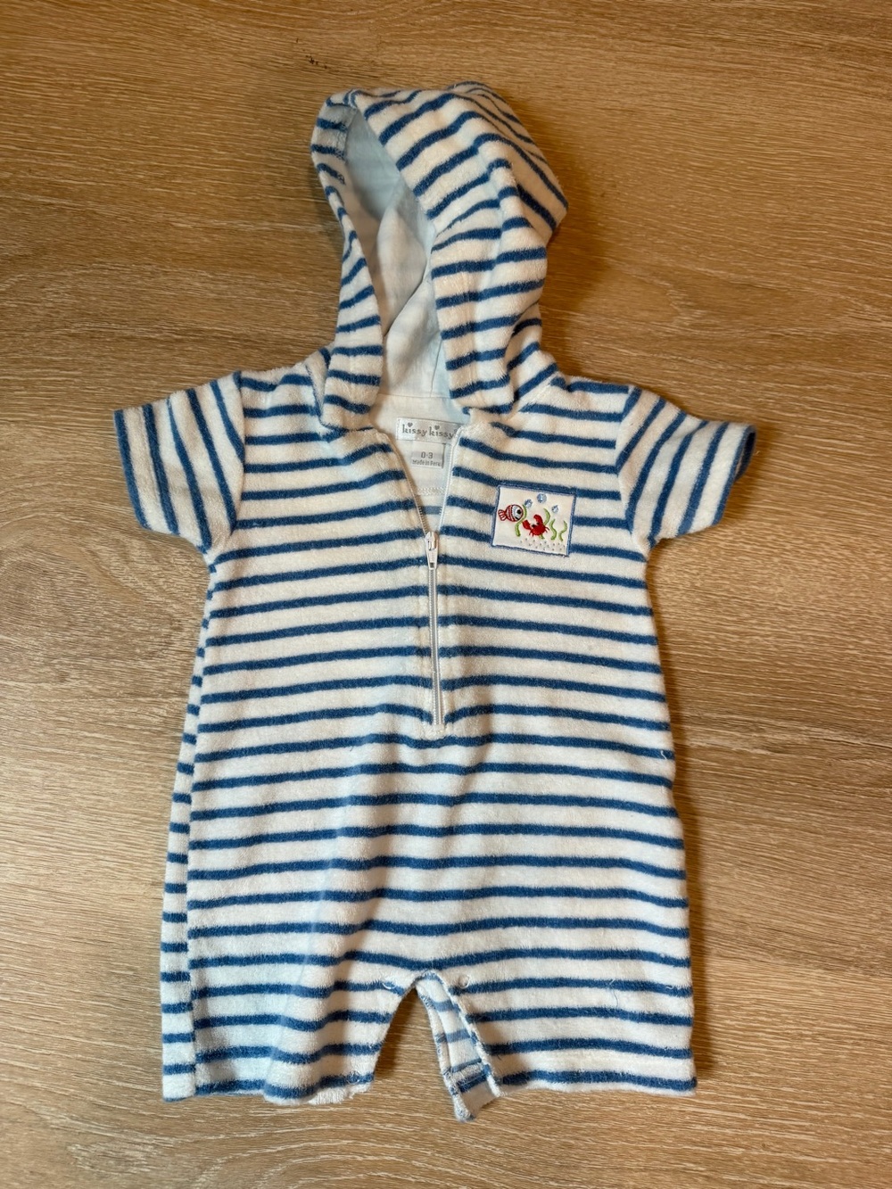 Kissy Kissy Blue & White Striped Hooded Baby One-Piece